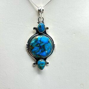 Sterling Silver and Blue Turquoise Pendant Necklace Glamour Statement Jewelry